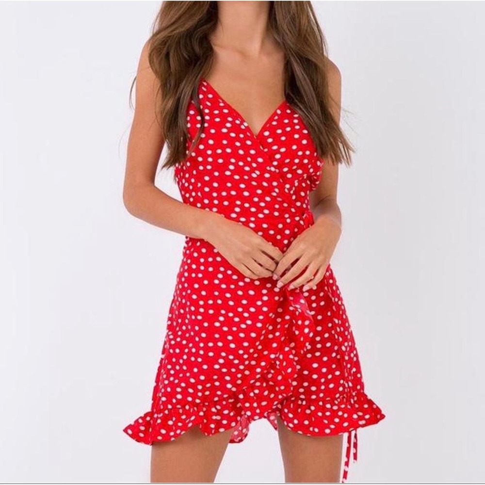 Polly Red White Polka Dot Ruffle Wrap Mini Dress Adjustable Straps Size 2